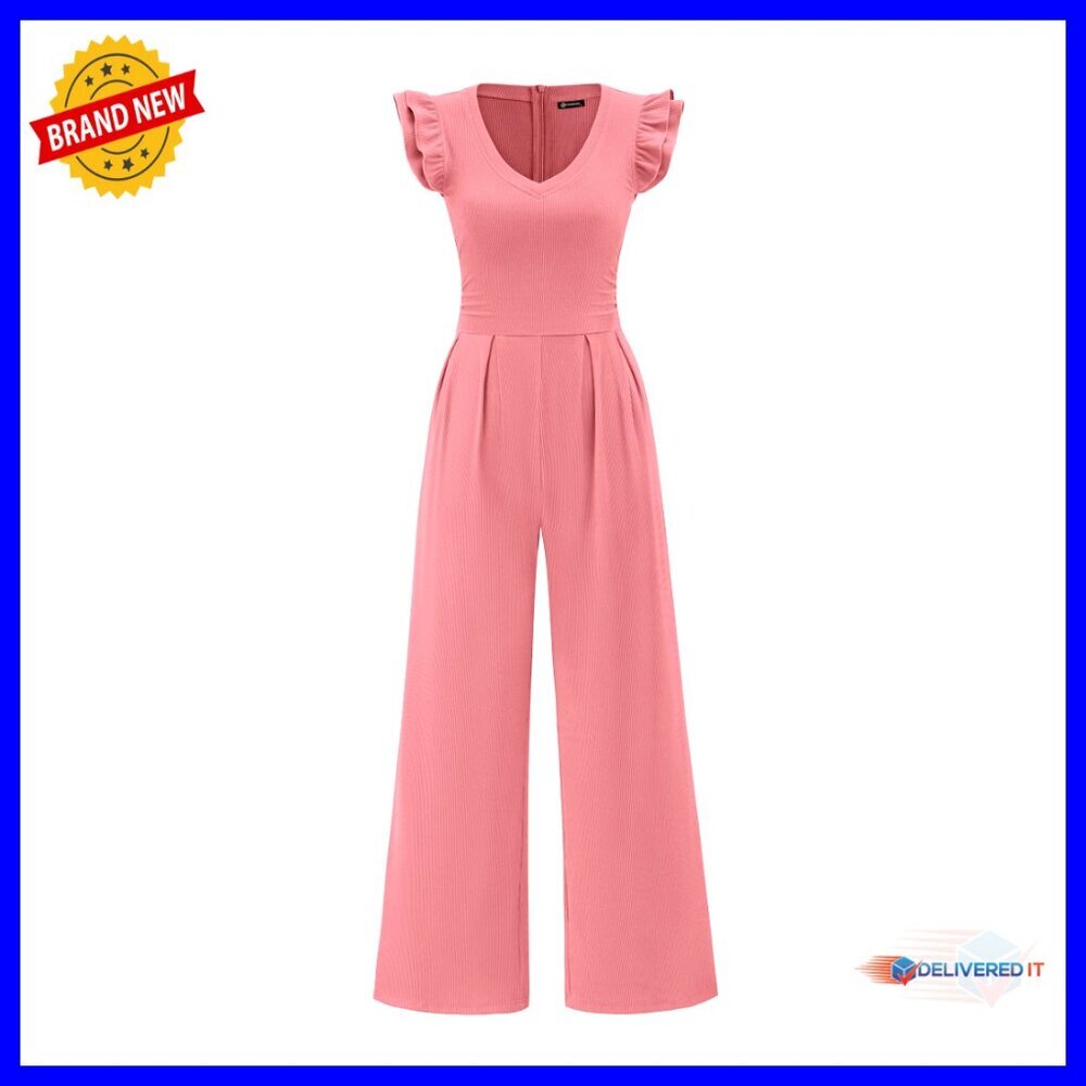 V Neck Ruffle Cap Sleeve Jumpsuit Wide Leg Ribbed Knit Slim Fit Romper